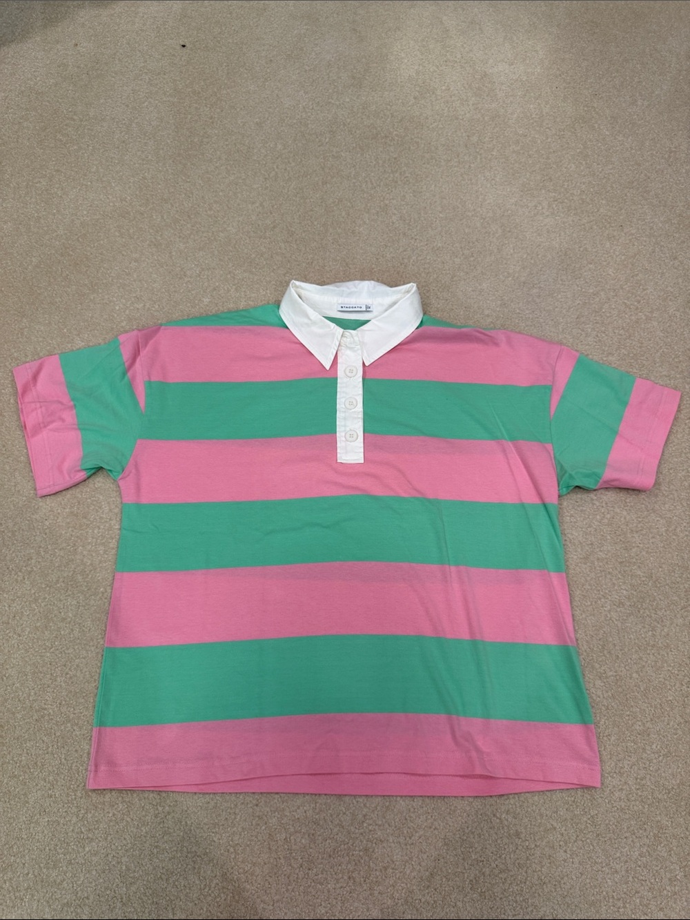 Pink & Green Striped Polo Shirt with White Collar